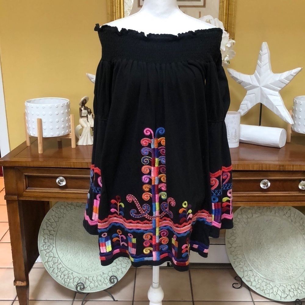 Anthropologie Vava by Joy Han Floral Embroidered Lrg Black Boho Slip Dress/ Top